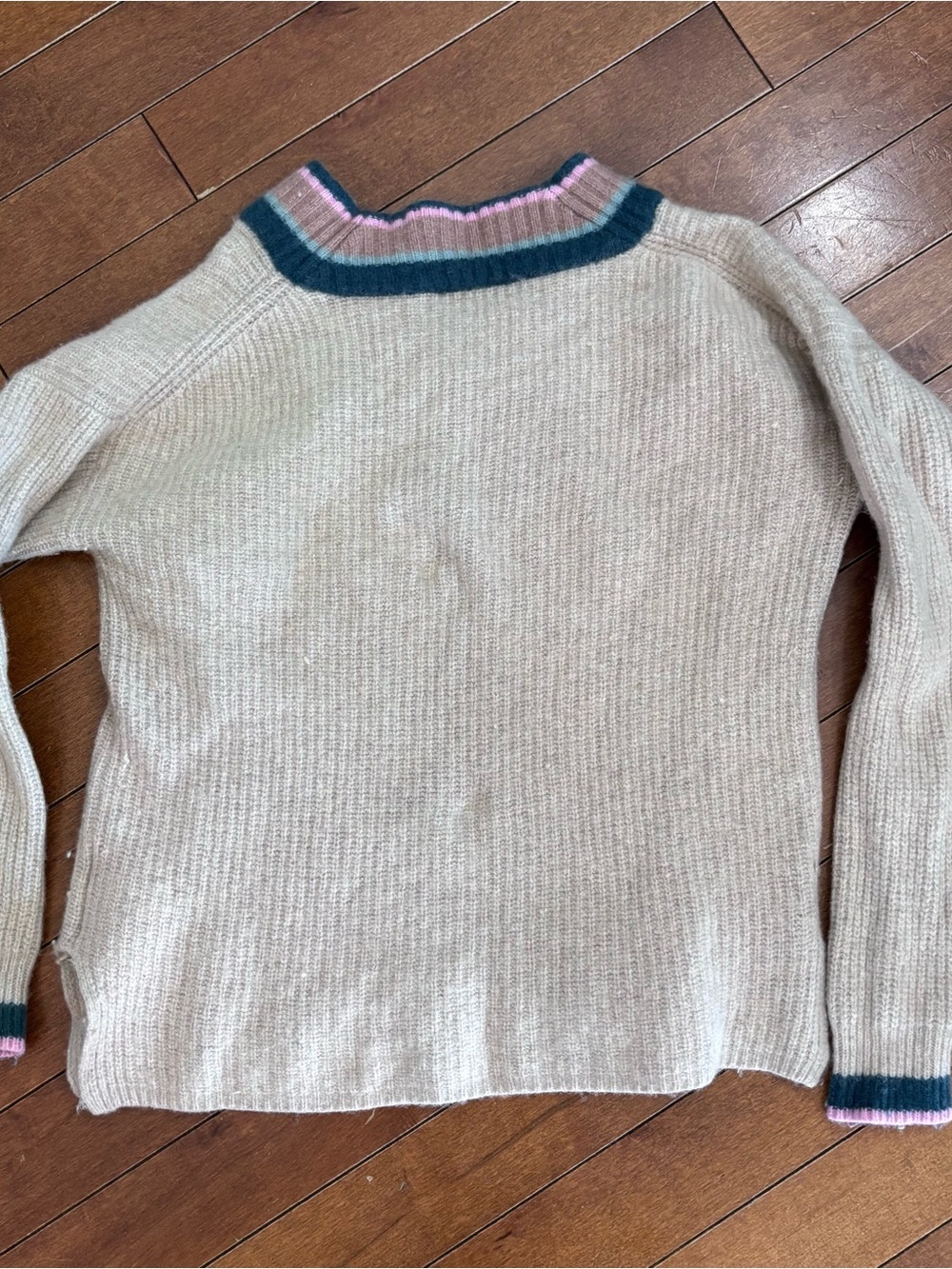 Madewell Beige V-Neck Sweater with Teal and Pink Trim - Picture 8 of 9